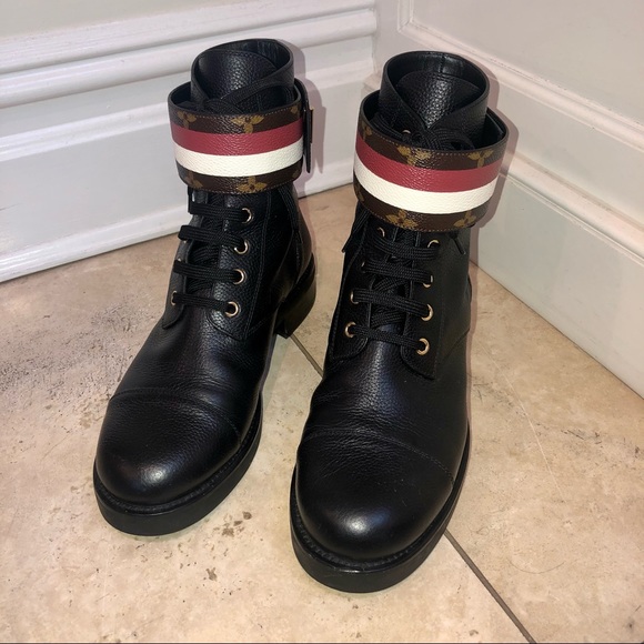 LV Black Canvas Wonderland Ranger Ankle Length Combat Boot Rare Strap - Picture 2 of 7